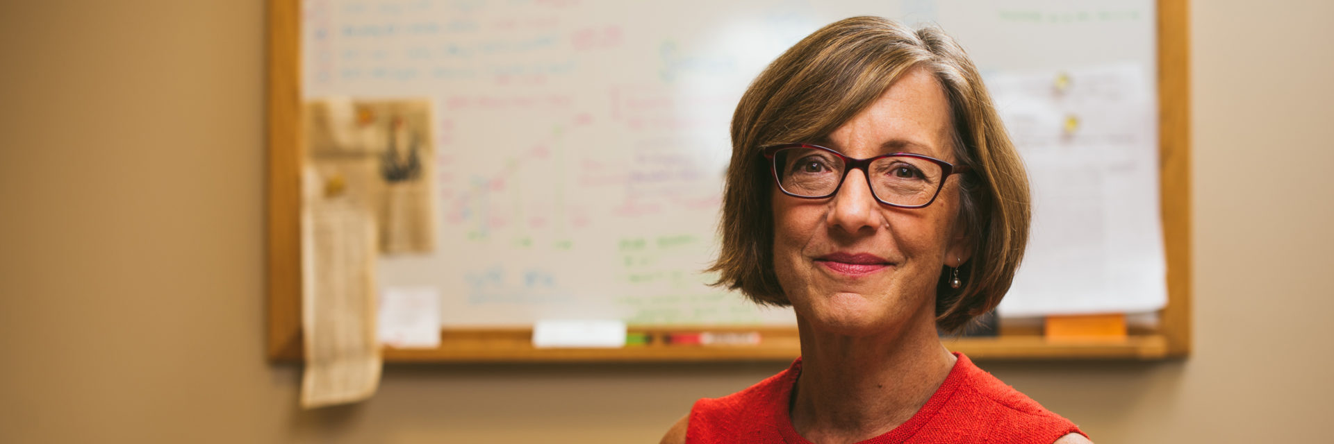 Photo of Janet Catov in front of a white board.